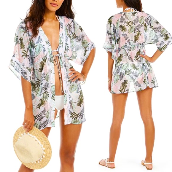 Miken • SWIM Leaf Printed Tie-Front Kimono Cover for Beach or Pool - Picture 1 of 15